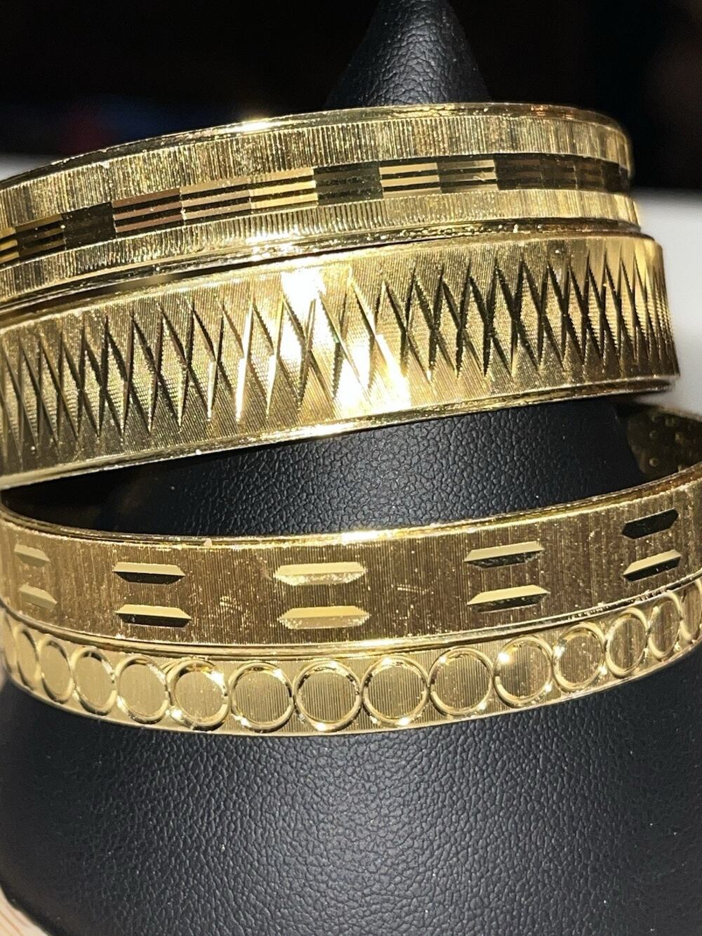 Set Vintage W. Germany Costume Gold Tone Wide Etched Bangle Bracelets 8" (B3-2)
